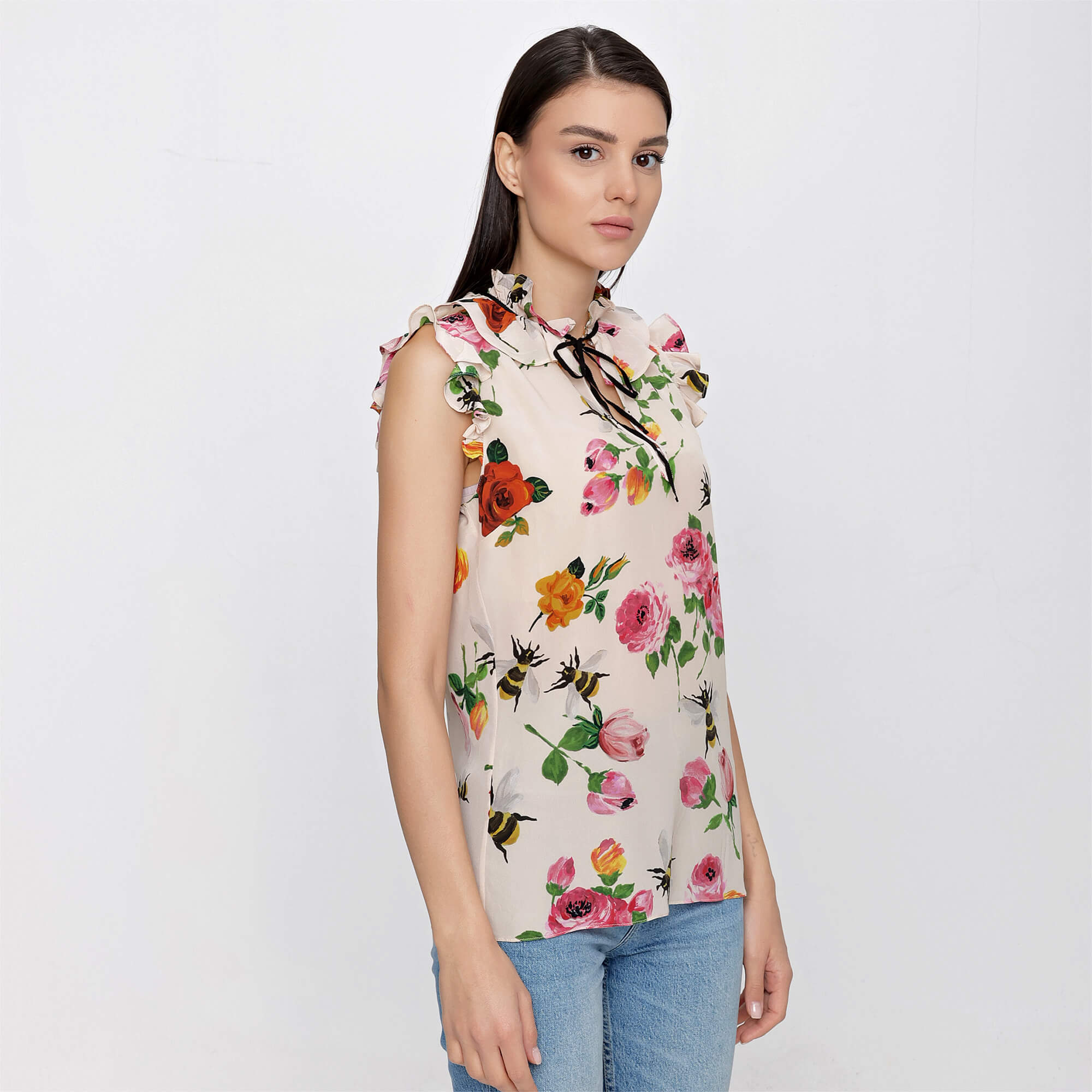 Gucci - Ivory Silk Rose Print Ruffle Detail Sleeveless Top